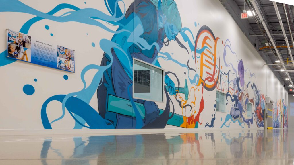 The mural on "Main Street" at Forge Biologics, a corridor that leads to the labs and GMP suites.