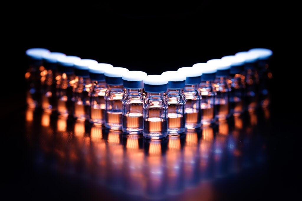 A row of test tubes with drug substance at Forge Biologics.